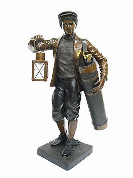 Golfer Caddy with Lantern Bronze Statue Large Scale Art Lighting